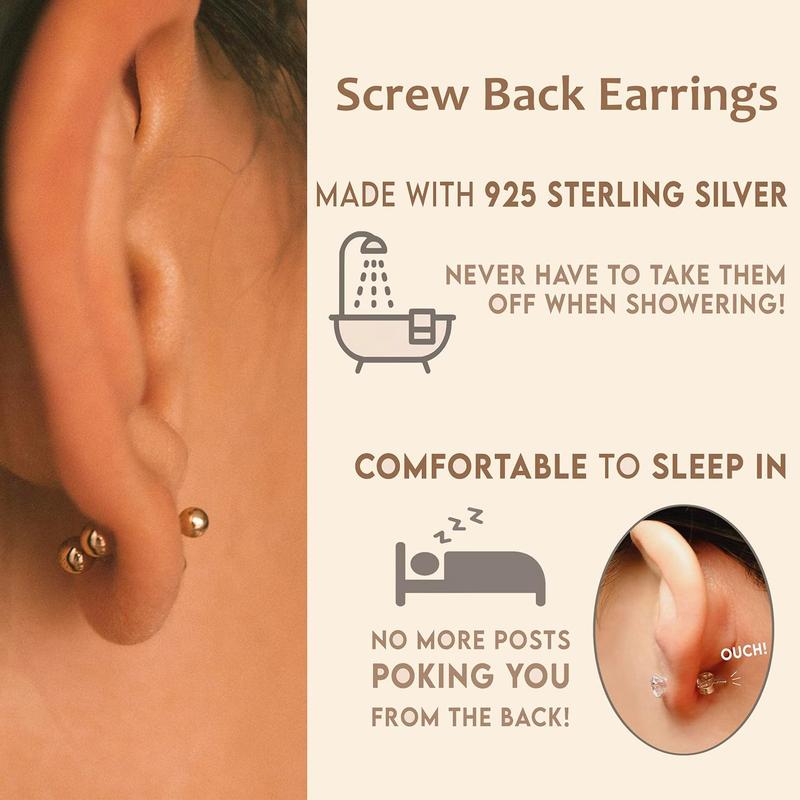925 Sterling Silver Trio CZ Gold Screw Back Stud Earrings for Women/Girls, Sparkly CZ Stud Earrings for Helix Cartilage Tragus Earlobe Conch Piercing Jewelry 20 Gauge