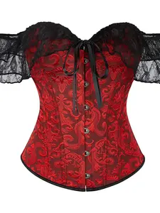 New Vintage Lace Trim Corset Top Floral, Fishbone Structured Bodice, One-Shoulder Design, Puff Sleeves, Push-Up Bra Support