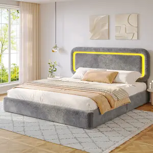 Raybee Luxury Queen Bed Frame with Led Lights, Soft Cloud Platform Bed Frame with Boucle Upholstered Headboard, Anti-Collision Round Corners, Holds 880lbs, No Box Spring Needed, No Noise, Modern Bedroom Furniture,Beige, White, Gray, Full, King