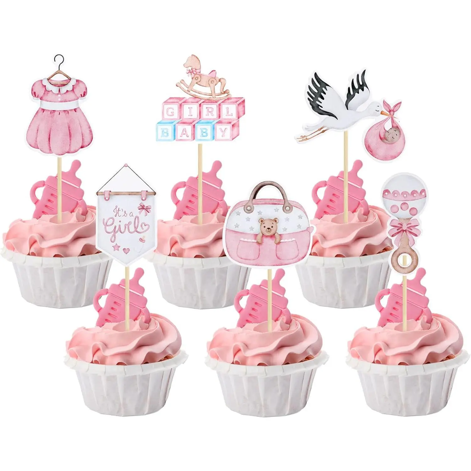 36Pcs Baby Shower Girl Cupcake Toppers Swan Pacifier Cloud Moon Star Baby Girl Cupcake Picks Oh Baby It's a Girl Cake Decorations for Baby Shower Kids Girls Birthday Party Supplies Pink