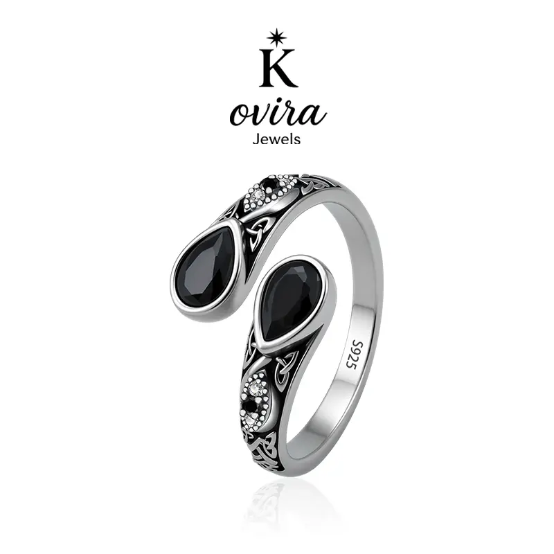 Kovira S925 Sterling Silver Vintage Black Obsidian Adjustable Open Ring for Women, Dark Feminine Protection Gift, Everyday Wear