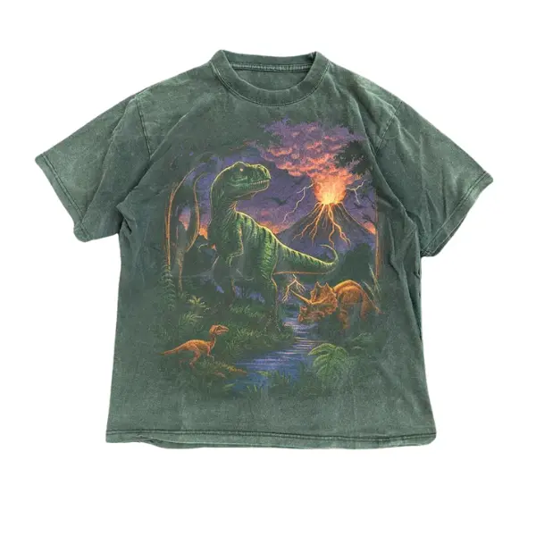 Unisex Vintage 90s Dinosaur Graphic Tshirt, Retro T-Rex & Triceratops Prehistoric Tee, Casual Cotton Crewneck Short-Sleeve, Nostalgia Nature Gift, Streetwear Casual T-Shirts, S-3XL Menswear & Womenswear Tops