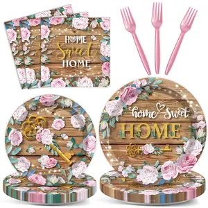 96PCS House Warming Party Decoration Housewarming Party Supplies Sweet Home Party Tableware Set Rustic Floral Paper Plates Disposable Housewarming Plates Napkins Dinnerware for New House