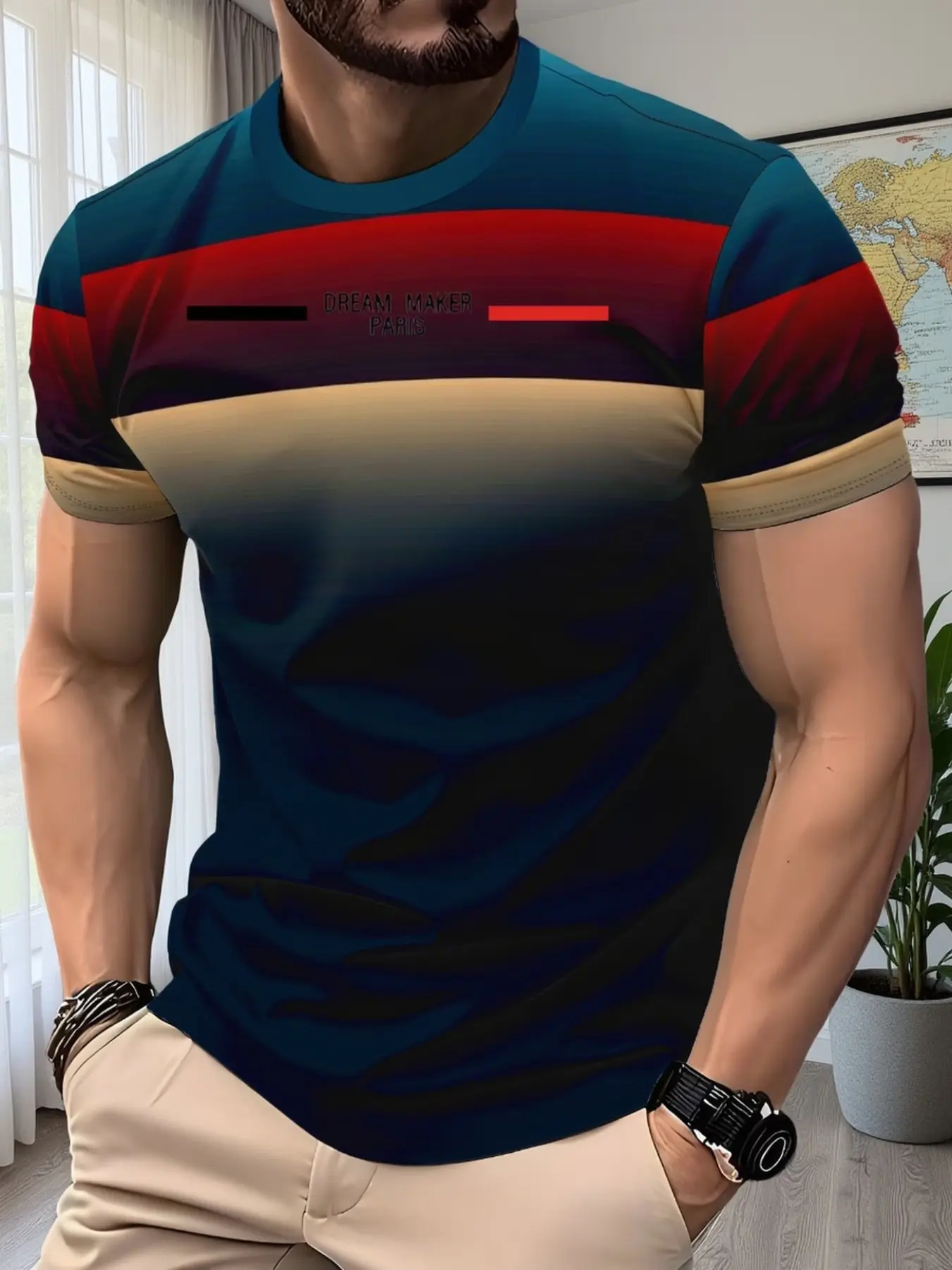 Men's Blue Graphic Patchwork Print Short Sleeve T-Shirt, Casual Streetwear Fitted Long Tee, Fashionable and Unique Style, All Seasons Wear, Tops, Menswear