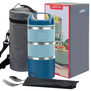 Easy Togo 3 Tier Lunch Box 43Oz-Blue Stainless Steel Stackable Lunch Box with Lunch Bag & Cutlery Set, Portable Lunchbox, Portion Control Meal Prep Togo Lunch Containers for Adults, Women, Men