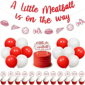 A Little Meatball Is on the Way Baby Shower Decorations Red Hand-Drawn Italian Theme Banner Garland Cake Topper Cupcake Toppers Balloons Set for Baby Showe