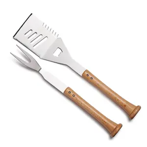 Baseball BBQ Turn Two Combo Set - Patented Bat Handle Design, Professional-Grade Stainless Steel, All-Natural Wood Handle, Multi-Tool Grill Tools