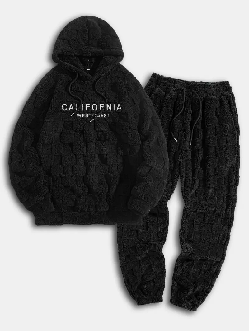 Men's Fall Winter Casual Sportswear Set, Sweatsuit Matching Set, Fleece Jacquard Plaid Hoodie and Sweatpants, Men's 2-Piece, Comfortable and Stylish