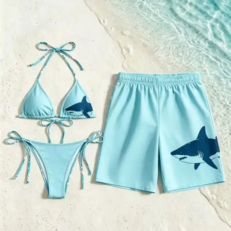 Matching Couple Shark Print Swimwear Set, Womens Dark Blue Halter Tie-Side Bikini & Mens Light Cyan Quick-Dry Board Shorts, 3-Piece Ocean Animal Summer Beach Vacation and Pool Party Outfit