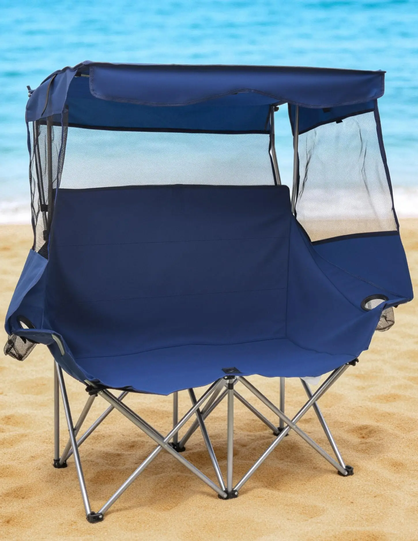 660 LBS Heavy Duty Double Camping Chair with Canopy Shade, 13 lbs Ultra Lightweight 2-Person Folding Beach Chair, 24 Inch Tall Back Portable Loveseat Camp Chair with Sun Shade Shelter for Outdoor & Travel