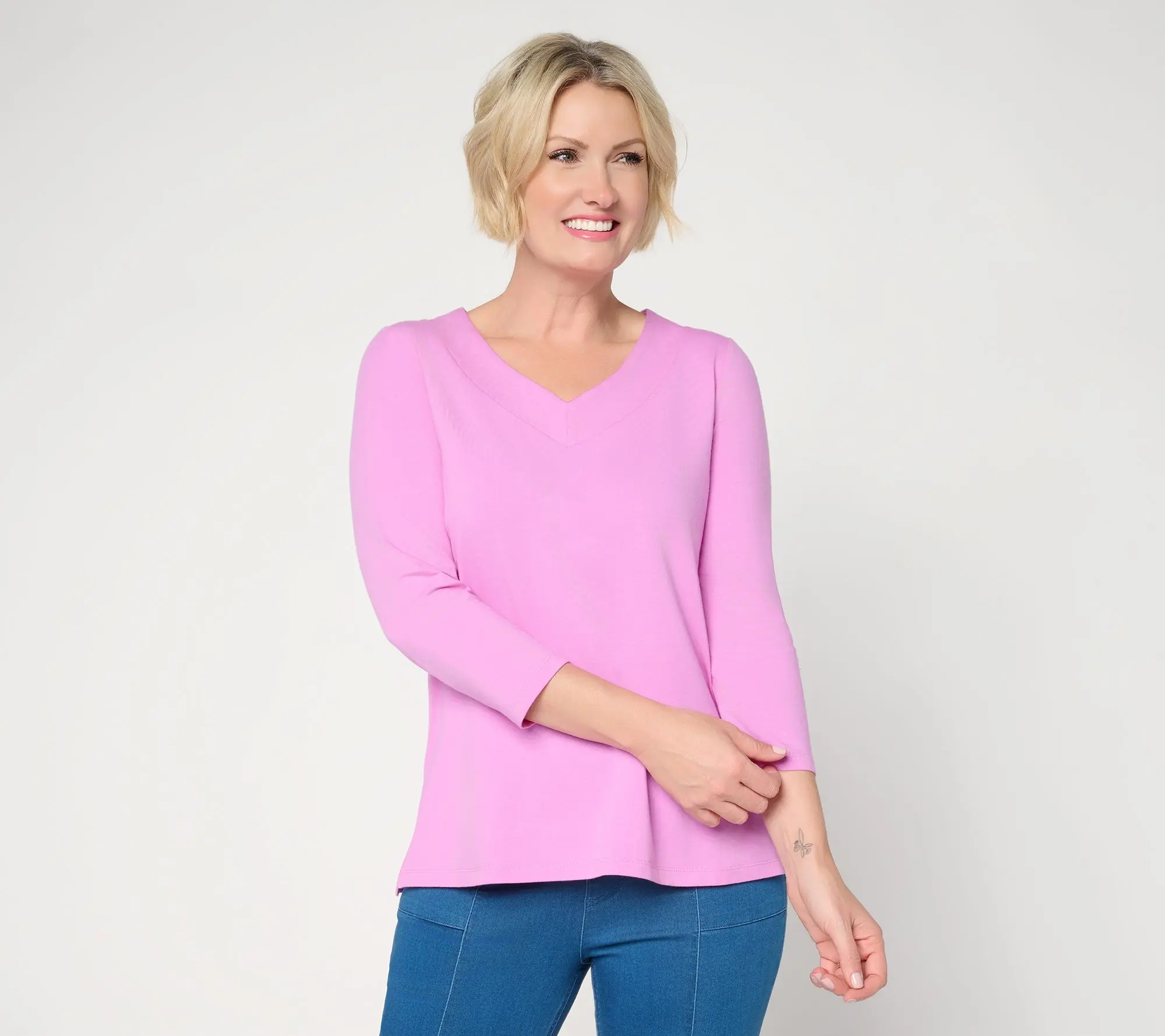 Susan Graver Essentials Comfy Cotton V-Neck 3/4-Sleeve Top