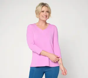 Susan Graver Essentials Comfy Cotton V-Neck 3/4-Sleeve Top