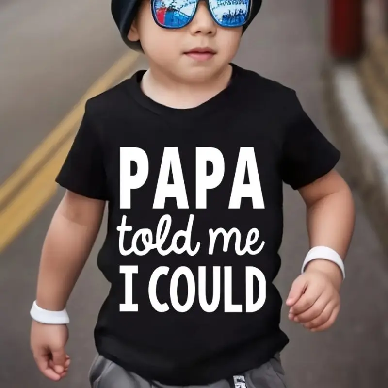 Summer Boys' Fashion Short Sleeve T-Shirt, Funny "Papa Told Me I Could" Letter Graphic Print, Premium Cotton Round Neck Regular Fit, Cute American Style Casual Outdoor Top