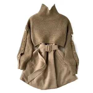 Autumn Winter Gentle Style Women's New Fashion Short Elegant Sweater Vest Set Skirt Two-Piece Set Women's Clothing Women's Clothing Slim Fit High Neck Basic Casual Office Women's Set Khaki Long Sleeve Simple Fashion Daily