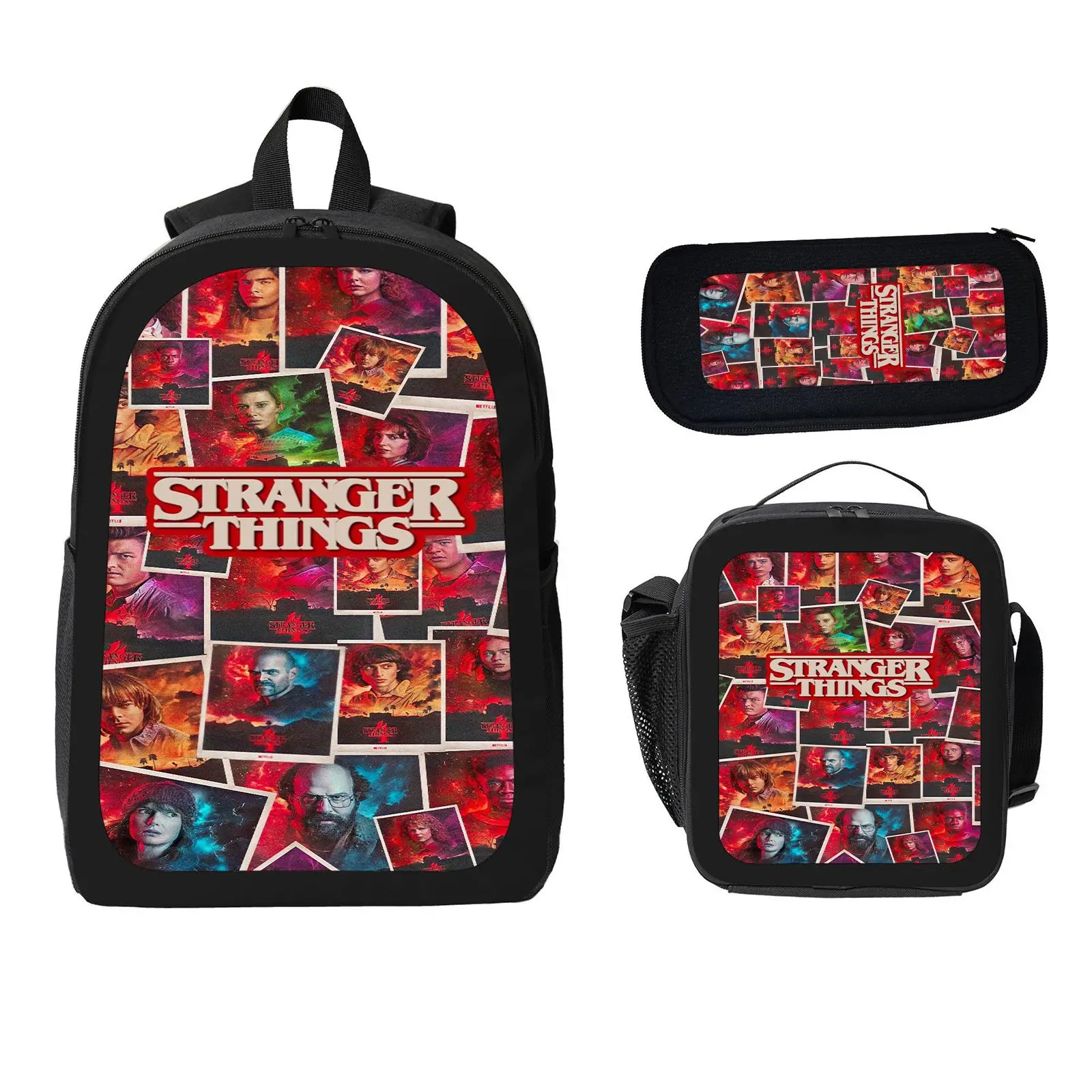 Stranger Things 3 Pcs School Backpack Set for Boys Girls Kids, Large Capacity Bookbag with Insulated Lunch Bag Pencil Case, Water Resistant Travel Daypack for Elementary Middle School c-77