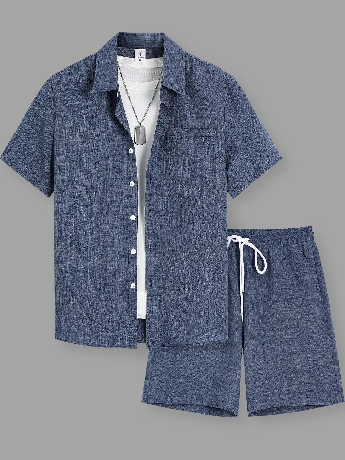 Two-piece Set Men's Solid Shirt & Drawstring Waist Shorts Set, Regular Fit Casual Short Sleeve Top & Shorts, Men's Summer Clothes