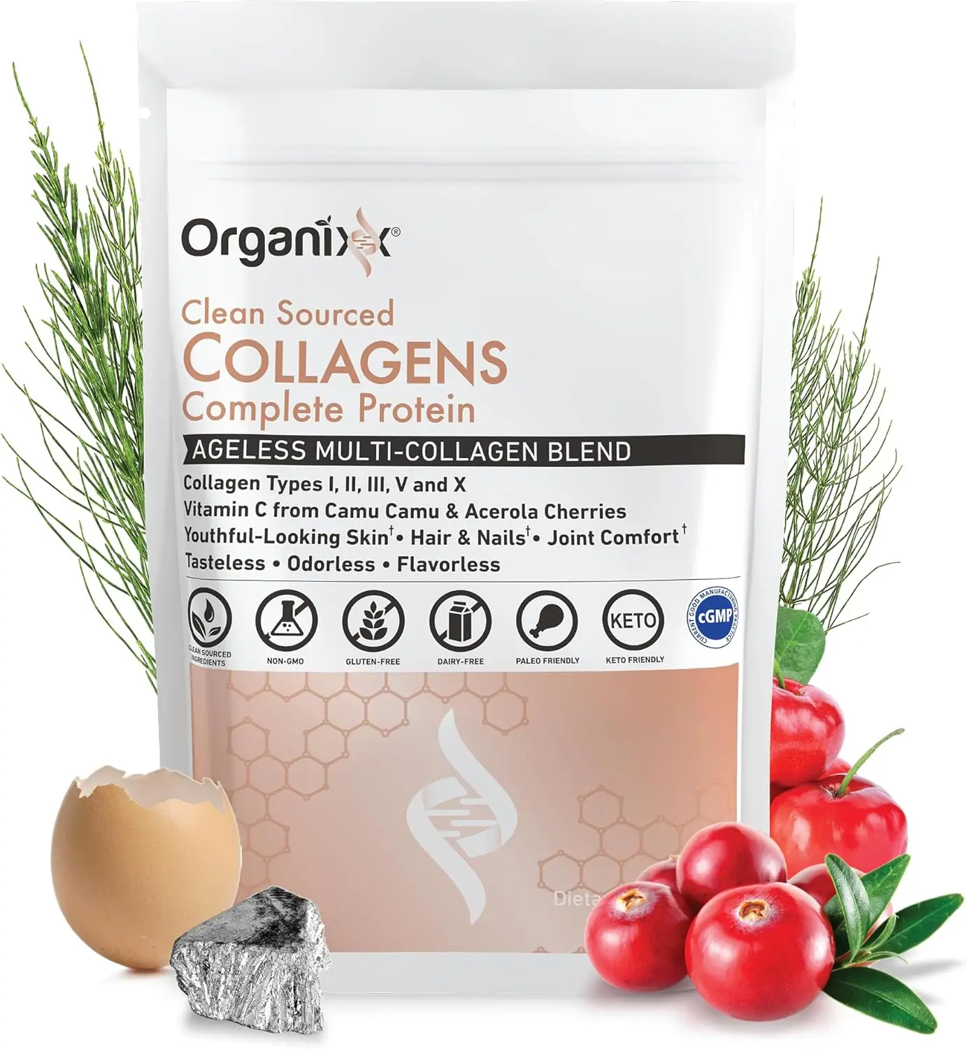 Organixx Collagen Complete Protein Peptides Powder - Edible Vitamin C-Infused Hydrolyzed Types 1,2,3,5,X Powder Supplement, Gluten-Free, Clean-Sourced, Unflavored for Skin, Bone & Joint Health, Nail Beauty, Selfcare