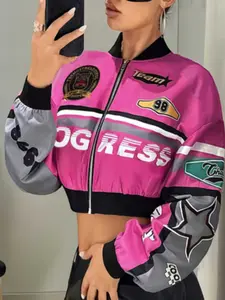 Women's Motorcycle Jacket Coat, Loose Fit Slimming Design, Initial Fall American Baseball Style Outerwear, Trendy Casual Wear