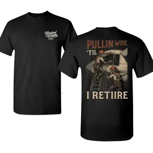 Worked to Death Electrician T-Shirt with 2 Sides Graphic, Bold Back Print of Linemen Pulling Wire on Aircraft, Front Logo Detail, Soft Cotton Blend Shirt, Industrial Workwear Apparel for Men and Women, Gift for Electricians