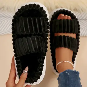 Women's Fluffy Double-Strap Platform Slippers Cozy Plush Open-Toe Slides with Thick Sole Shoes for Indoor Comfort