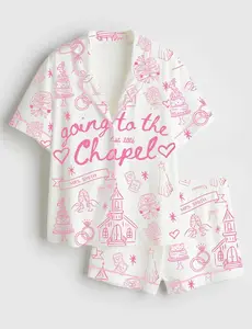 Women’s Going To The Chapel Gonna Get Married Coquette Wedding Short Sleeve Silky Satin Pajama Set, Unique PJs with Design, Matching Family Sleepwear Set, Satin Pajama Set For Men Women Kids