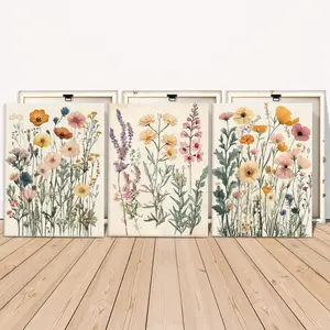 3 Counts Wooden Framed Canvas Painting, Wildflower Botanical Illustration Images, Modern Floral Paintings, Exquisite Poster, Perfect Living Room Decoration, Modern Art, Fashion Family Poster, Wall Art Decoration, Waterproof Art, Canvas Prints