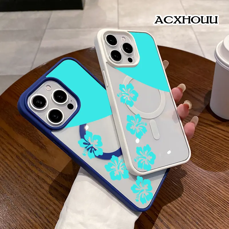 Turquoise Hibiscus Pattern Magnetic Phone Case for iPhone 17 16 15 14 Pro Max 13 12 11 XR XS Plus Anti-Yellowing Shockproof Lightweight Transparent Acrylic Soft Cover Supports Wireless Charging
