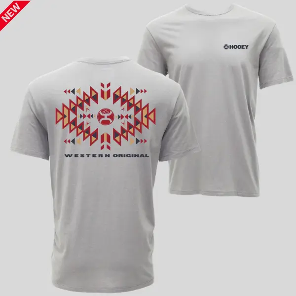 Hooey Aztec Logo T-Shirt, Southwestern Geometric Pattern with Center Horn Emblem, Western Original Back Print, Casual Graphic Tee for Men Women
