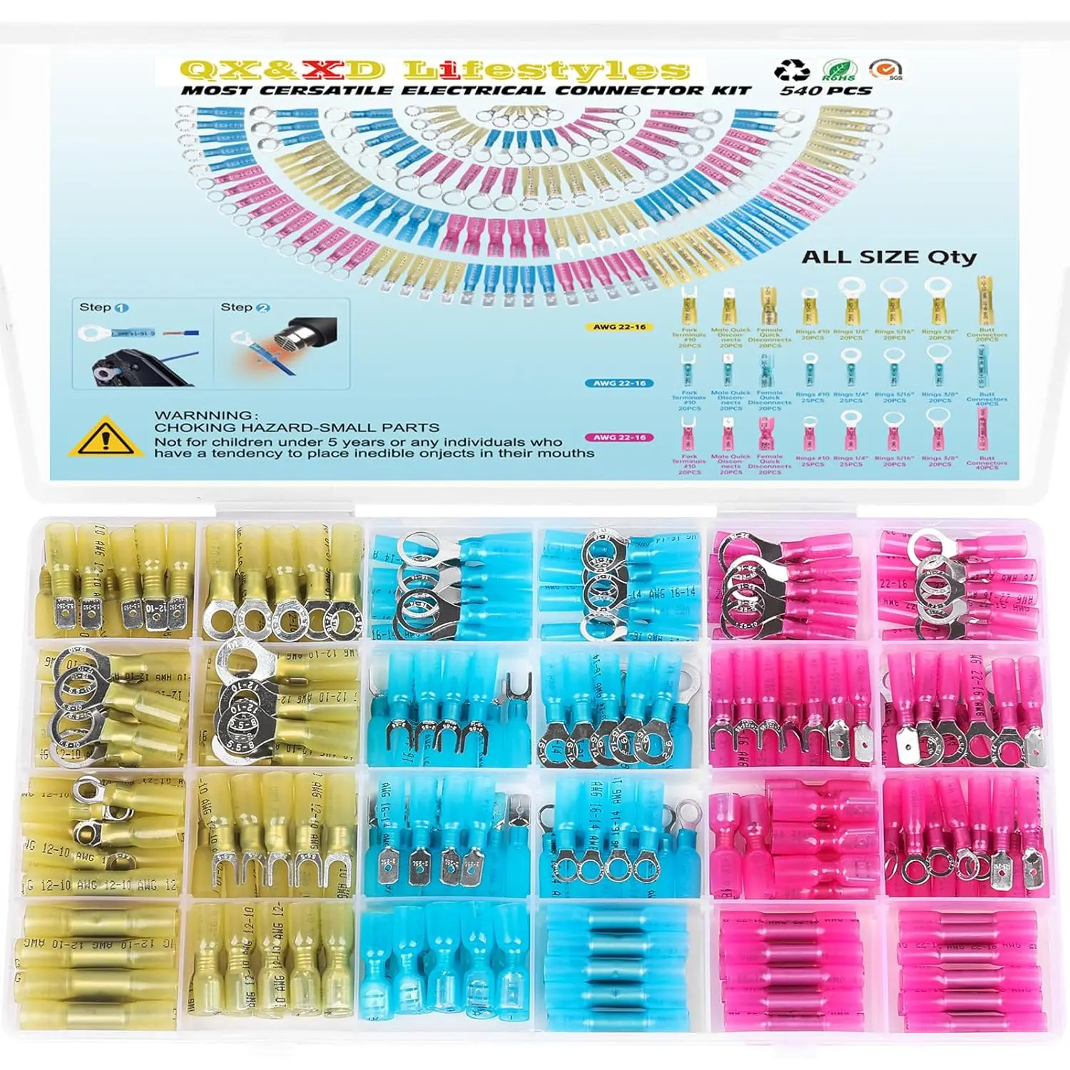 540 count Heat Shrink Wire Connectors,Electrical Terminals Kit,,Automotive Marine Electrical Terminals Kit,Ring Fork Hook Spade  Splices,Tinned Red Copper,22-16,22-16,22-16 (540pcs)