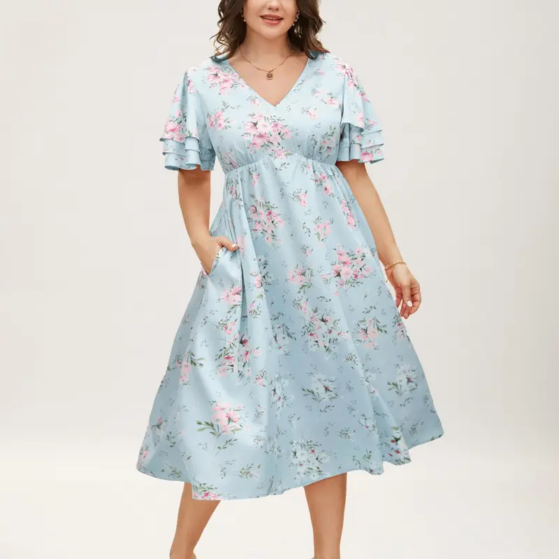 BloomChic Floral Elastic Waist Tiered Ruffle Sleeve Dress 【M-6XL】