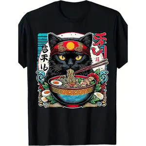 Unisex Japanese Anime Cute Cat Ramen T-Shirt - 220g pure cotton, vintage unisex style, printed with cute anime cats, ramen bowl and noodle patterns - Suitable for daily wear, themed parties, and casual summer outfits