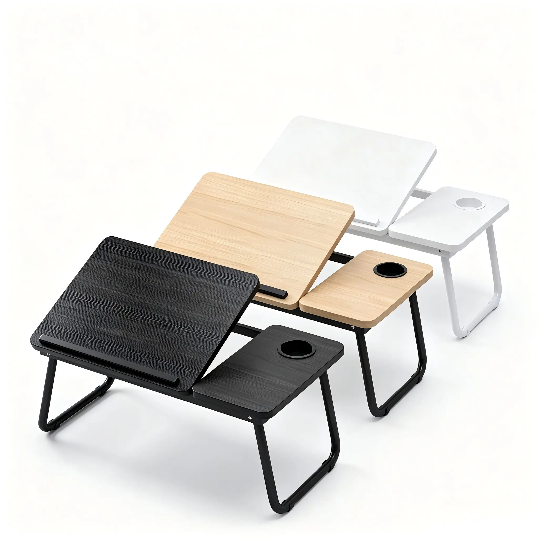 Adjustable Foldable Laptop Bed Tray Table with Cup Holder, Portable Multi-Angle Tilting Bed Desk for Reading, Writing, Gaming, Breakfast in Bed, 3 Colors Black / Light Wood / White
