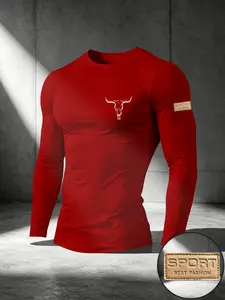 Men's Bull Print Long Sleeve T-Shirt, Comfortable Breathable Sportswear, Ideal for Daily Wear, Fitness, Running, Outdoor Training
