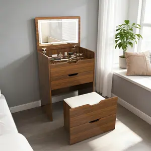 23.62*15.75*47.24 Inch 3-in-1 Vanity Table Bedside Cabinet Storage Seat Flip-Top LED Mirror 3 Color Light Walnut Veneer MDF Glass Top 330LBS Capacity with Cushioned Stool Easy Assembly