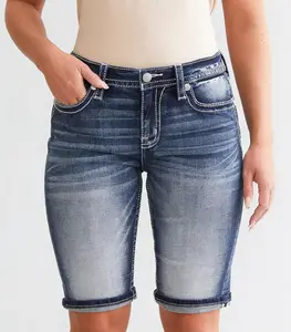 Women Skinny Denim Shorts Back Embroidery Ripped Frayed Raw Hem Distressed Casual