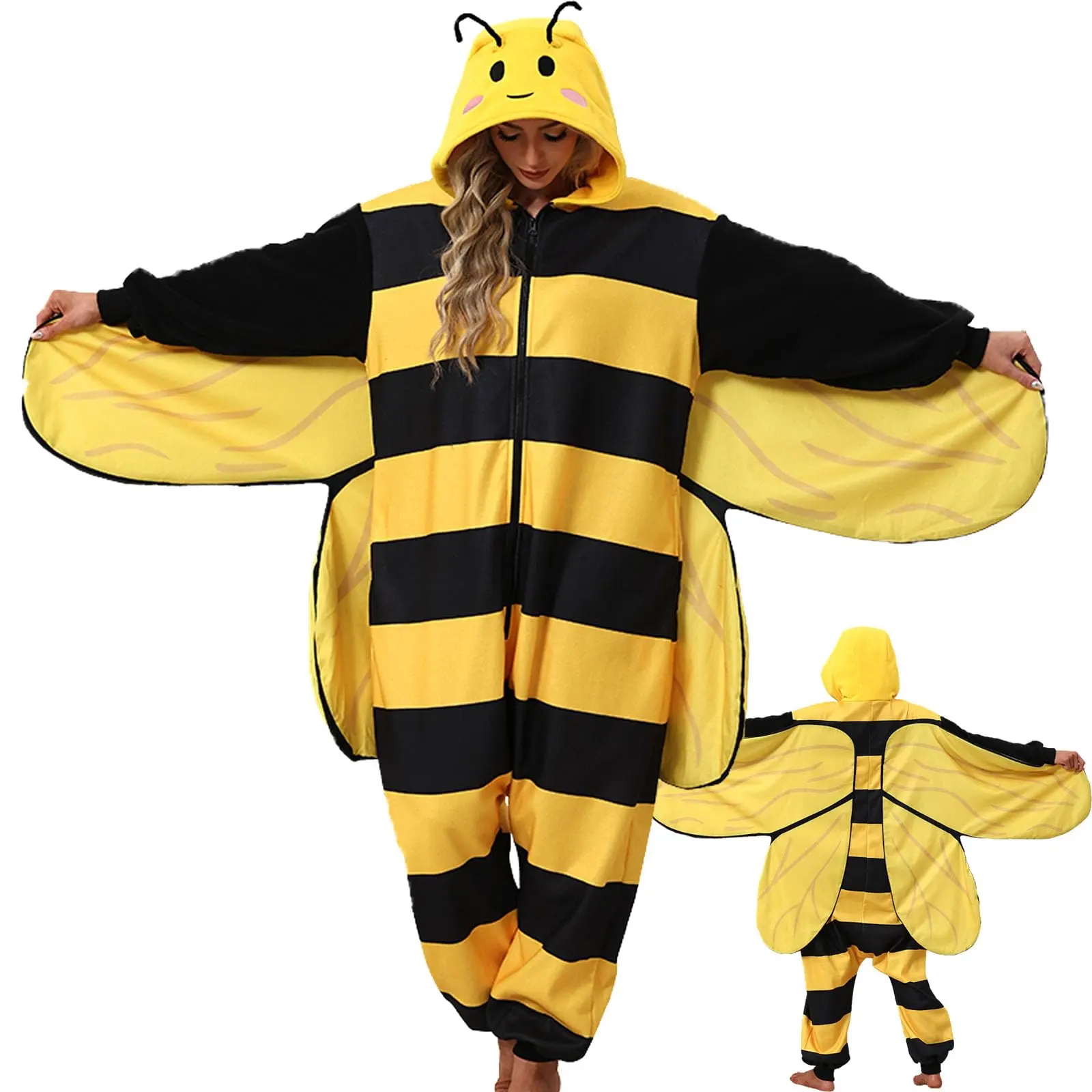 Bee Costume Adult Bee Onesie Pajamas Halloween Costumes Outfit Cosplay Sleepwear for Women Men Yellow Black Striped Loungewear Style