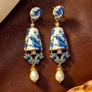 KEQIU Vintage Vase Earrings Palace Style Retro Pendant Earrings New Chinese Classical Blue and White Porcelain Stud Earrings