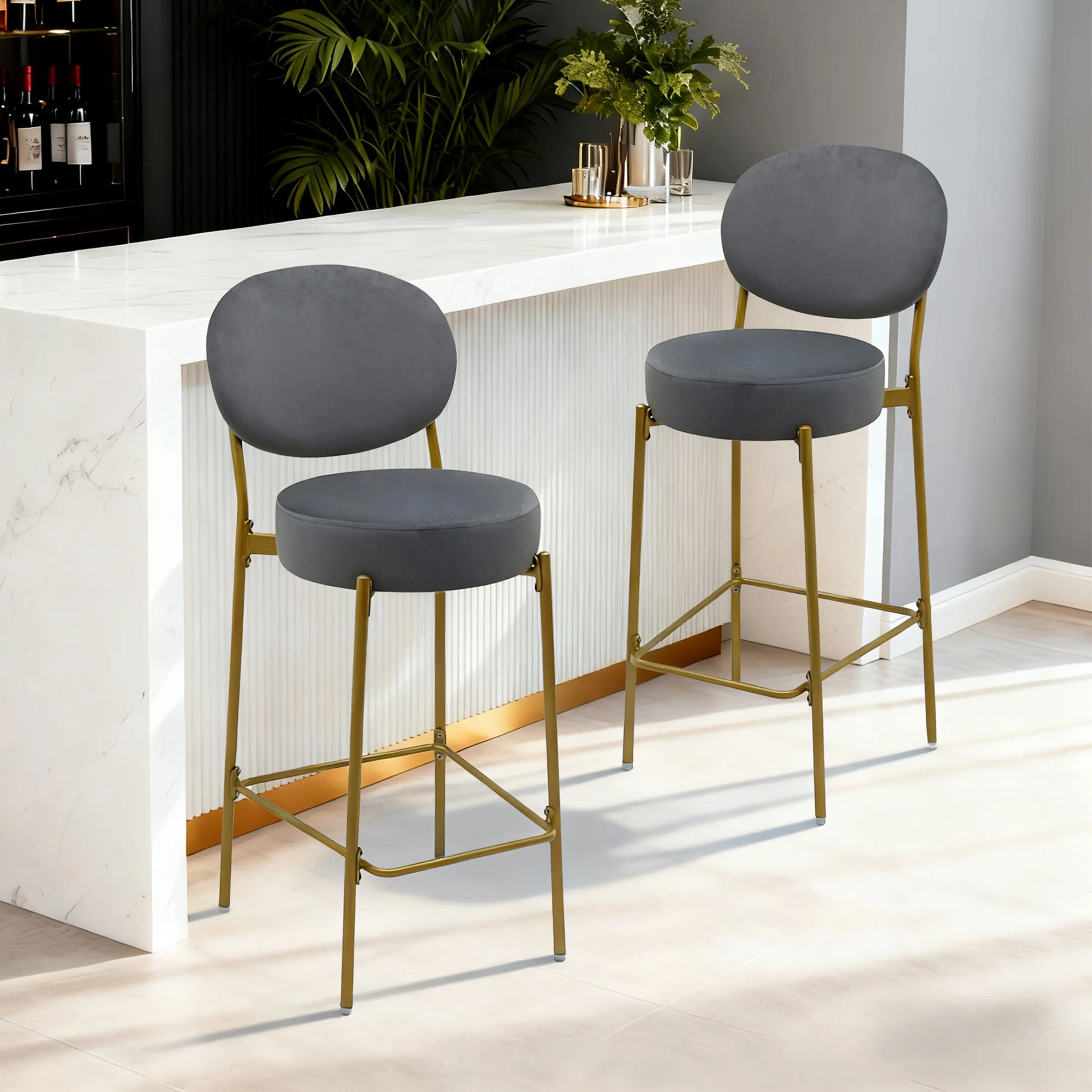 Glam 2-Piece Velvet & Metal Round Pub Bar Stools - Armless Modern Chairs, Armless Accent Chair, Ergonomic Backrest, Adjustable Footpads, Footrest, 220 lbs Capacity, Quick Setup, Assembly Required for Home Bar, Kitchen Island