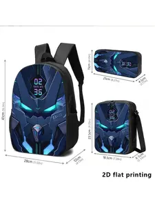 Sci-Fi Mech-Themed 3pcs Backpack, Lunch Bag, Pencil Case with 2D Print, Blue-Black with Glowing Digits. Ideal for Young Adults' Daily Commute, Study, Or Travel