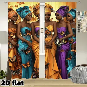 2D Flat 2Pcs African Art Butterfly Print Curtains Elegant Traditional Dresses Pattern Rod Pocket Design Semi Sunshade Polyester Living Room Bedroom Balcony Kitchen Window Decor, Home Decoration Curtain, Privacy Protection