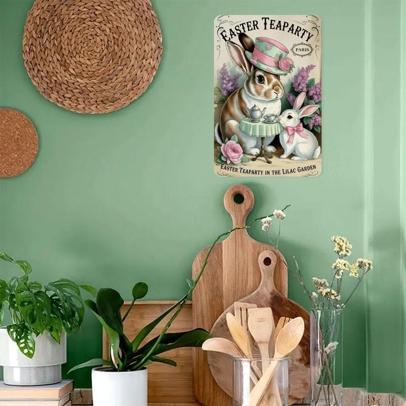Easter Bunny Tea Party Tin Sign, Vintage Parisian Easter Rabbits Metal Sign Print Aesthetic Room Decoration for Home Bedroom Kitchen Bar Coffee Bathroom Indoor Outdoor Wall Decor, 8 X 12 in
