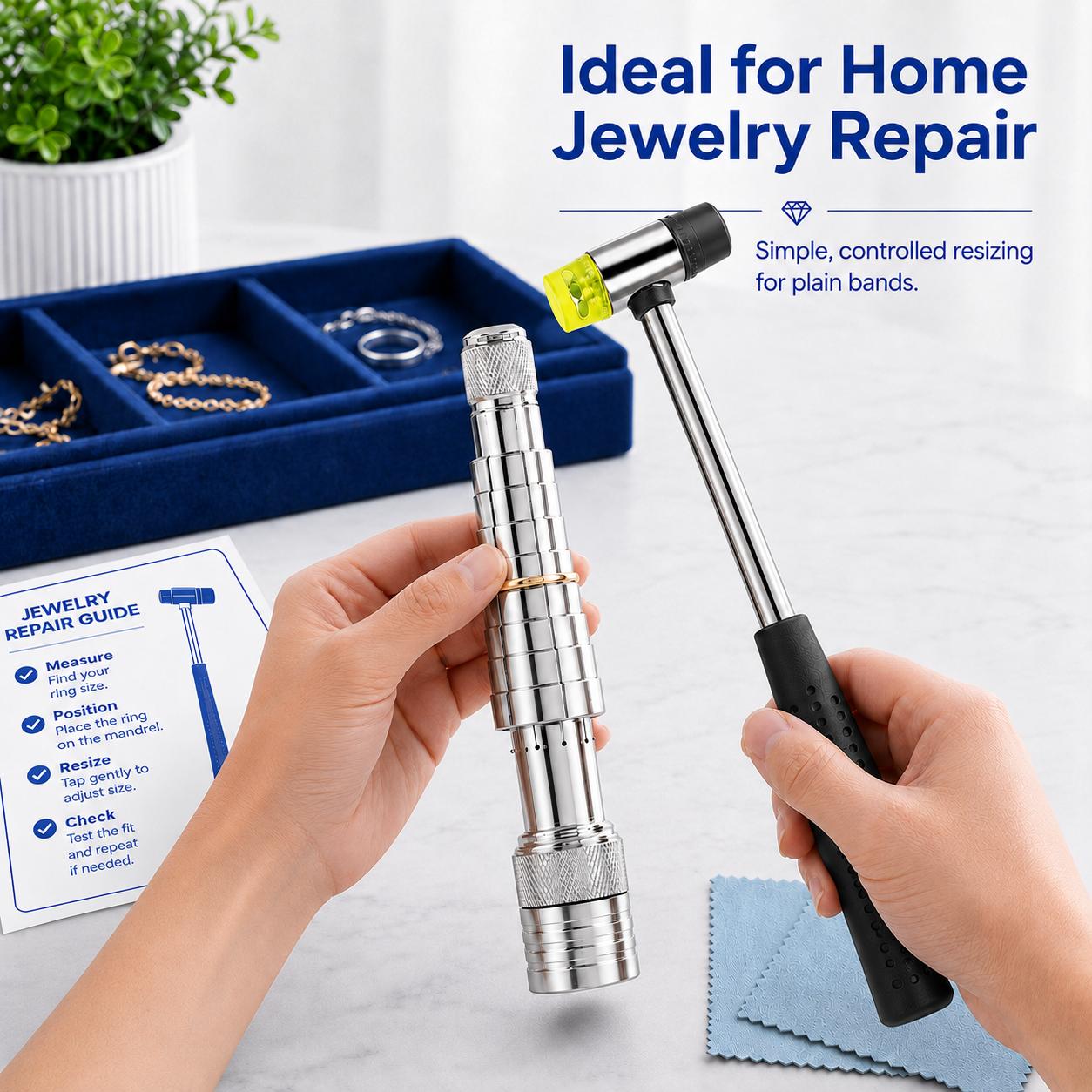 Ring Stretcher Tool Kit Ring Enlarger Mandrel with Dual-Head Nylon Hammer & Polishing Cloth for Jewelry Ring Resizing and Repair