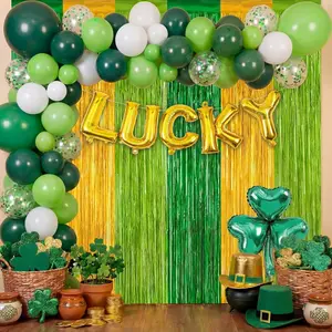 35PCS St. Patrick’s Day Balloon Kit Green & Gold Arch with Shamrock Foil Balloons & Fringe Curtain