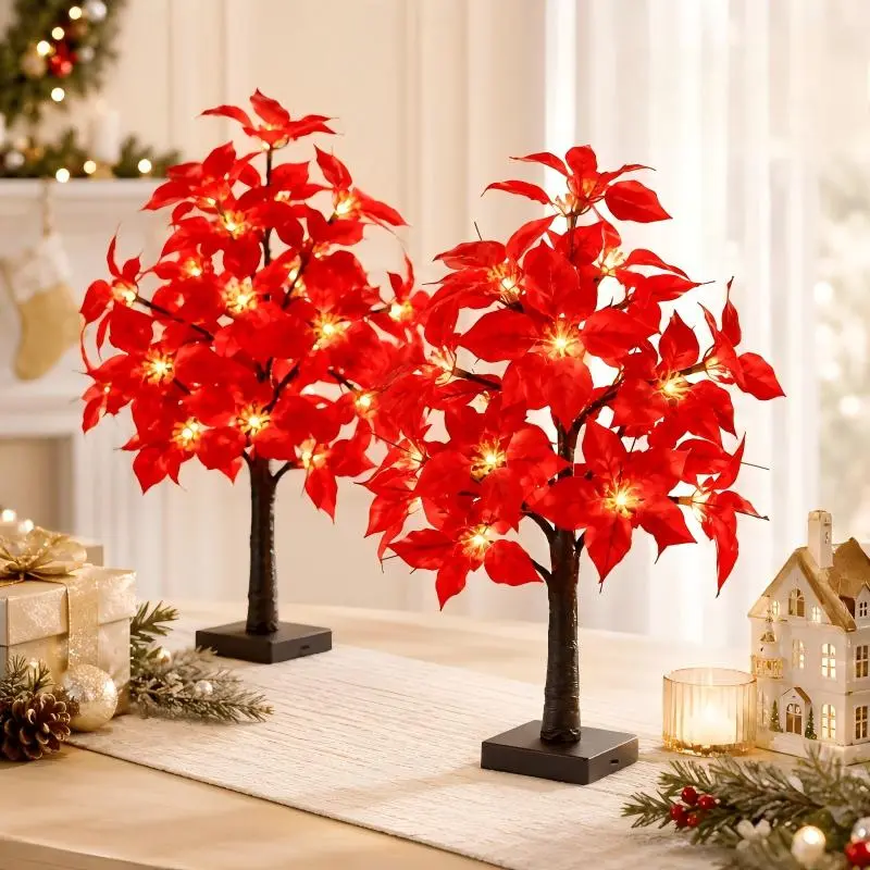 Lighted Poinsettia Tree, Artificial Red Flower Tree with Warm LED Lights, Tabletop Christmas Tree Decor, Cozy Home Decorations for Fireplace Mantel, Living Room, Bedroom & Entryway