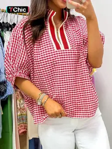 Summer Casual Gingham Short Sleeve Shirt, Loose-Fitting H-Type Design, Viscose Material, Perfect for Daily Wear, Comfortable and Stylish