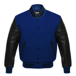 Letterman Varsity Jacket Wool & Real Leather Navy/Black Collar Cotton Menswear