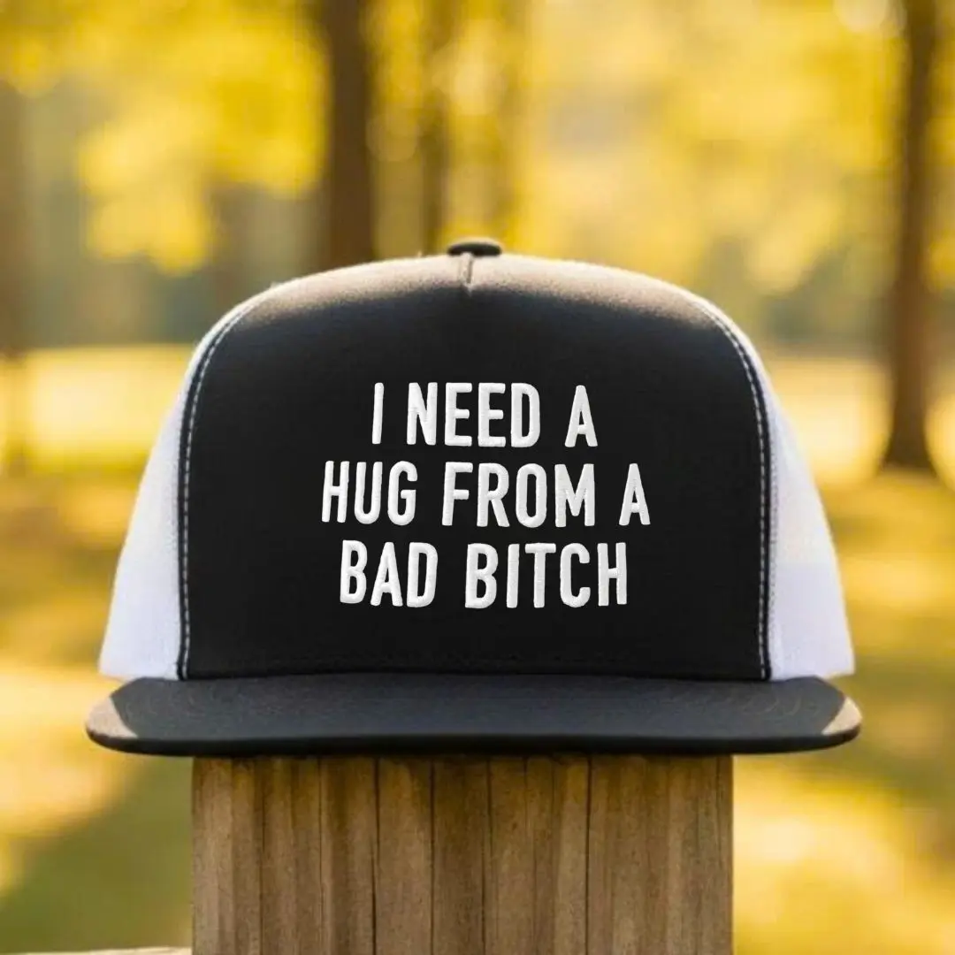 "I Need a Hug From a Bad B!tch" Mesh Snapback Cap, Funny Quote Embroidered Trucker Hat, Novelty Humor Hat, Unisex Gift