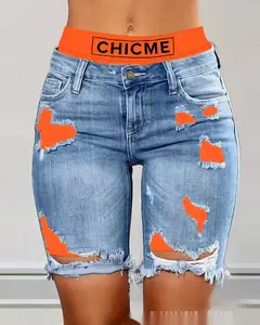 Color Contrast Patchwork Ripped Fake Two-piece Denim Shorts