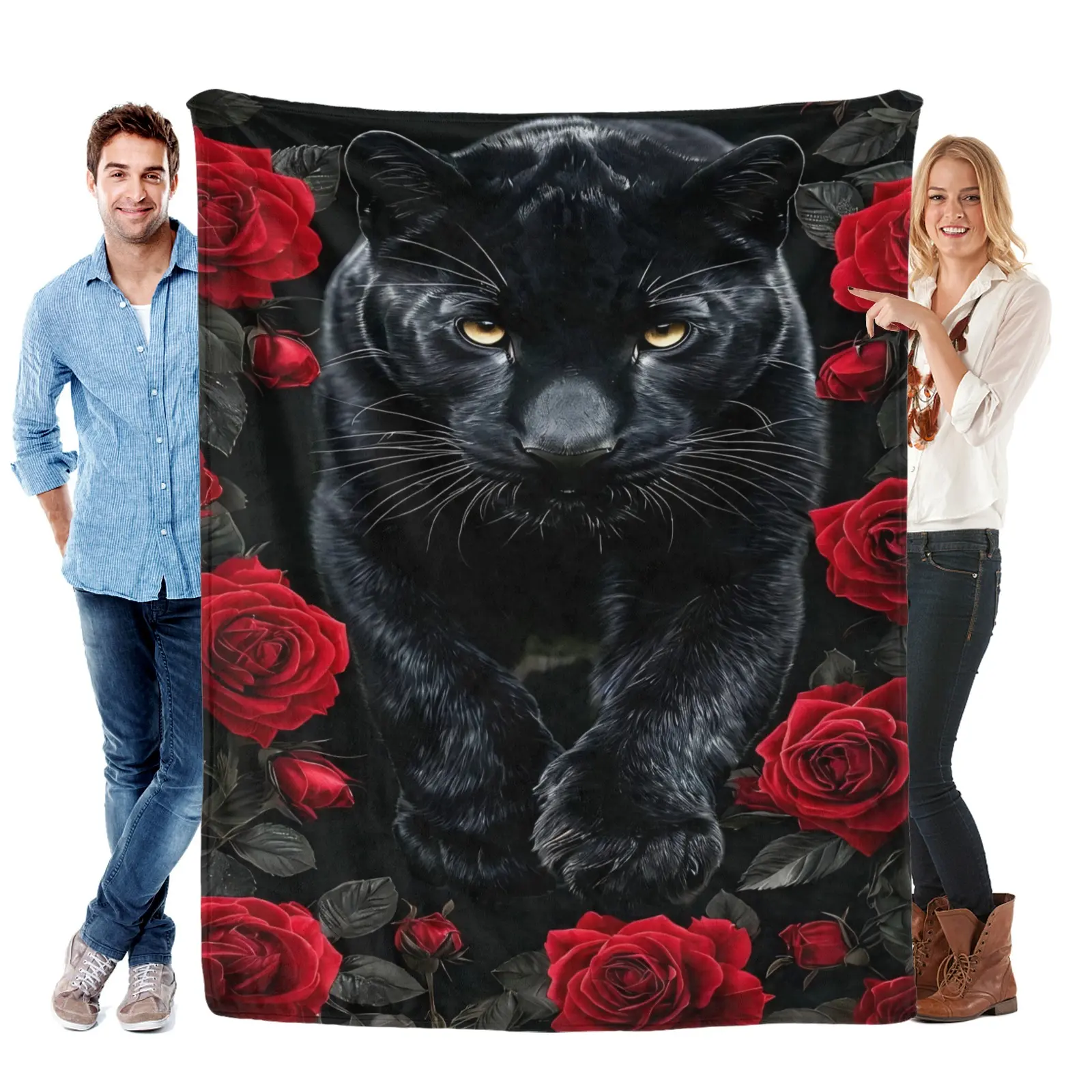 Black Panther & Red Rose Flannel Throw Blanket - Animal Artwork, Bold Wildlife Print, Multi-Size Bedding, Soft Fluffy, Room Decor, Cozy Setup, Couch Use, Heartwarming Gift for Loved Ones, Blanket for Couch, Heartwarming Blanket Gift