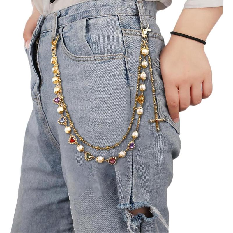 Layered Gold Silver Wallet Chains with Rhinestone Flower Pearl,Unisex Jean Pocket Chains for Men & Women,Fashion Punk Accessories for Bags,Wallets,Pants
